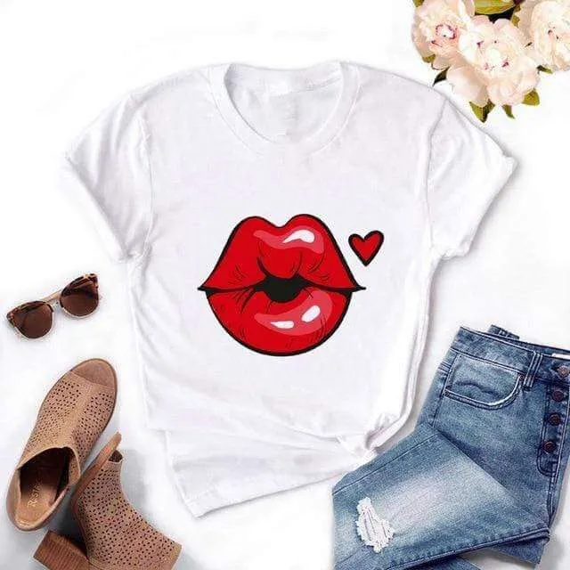 Fashion Women's Casual Sequins Red Lip Short Sleeve T-Shirts