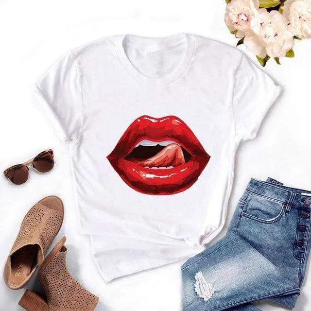 Fashion Women's Casual Sequins Red Lip Short Sleeve T-Shirts