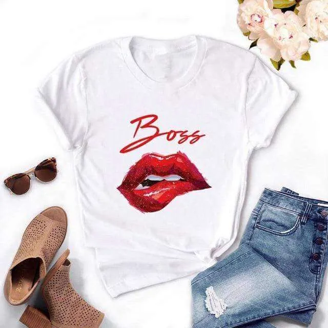 Fashion Women's Casual Sequins Red Lip Short Sleeve T-Shirts