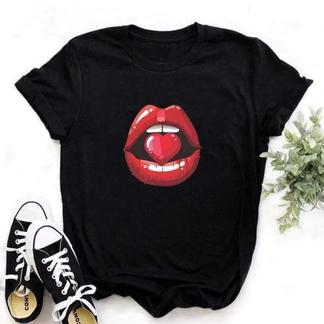 Fashion Women's Casual Sequins Red Lip Short Sleeve T-Shirts