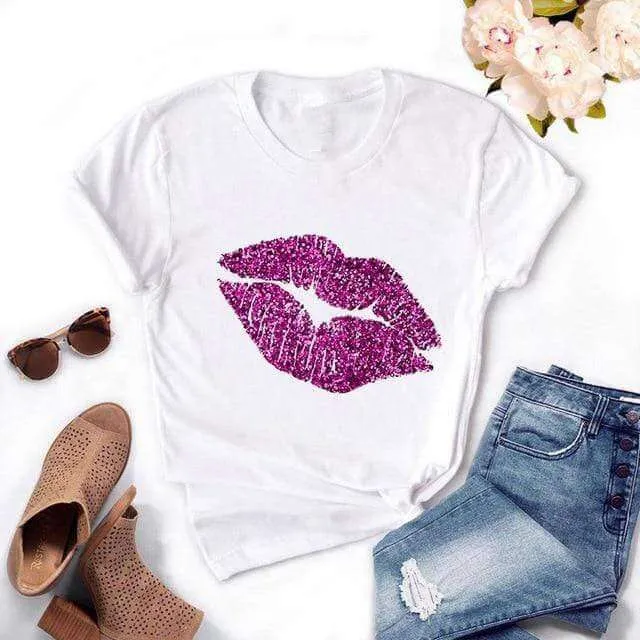 Fashion Women's Casual Sequins Red Lip Short Sleeve T-Shirts