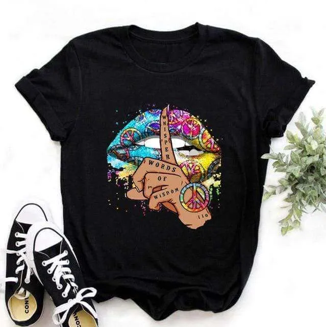 Fashion Women's Casual Sequins Red Lip Short Sleeve T-Shirts