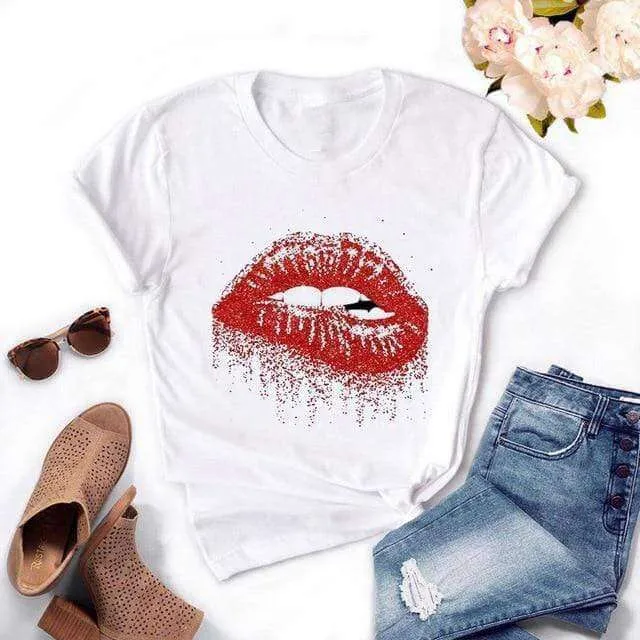 Fashion Women's Casual Sequins Red Lip Short Sleeve T-Shirts