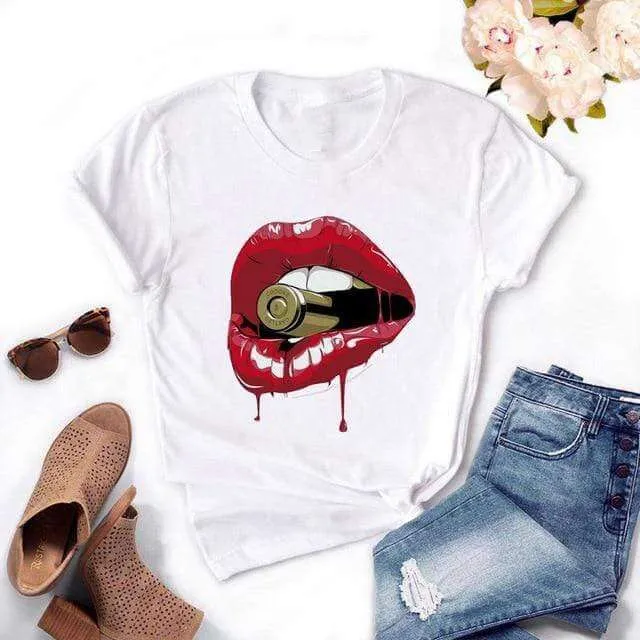 Fashion Women's Casual Sequins Red Lip Short Sleeve T-Shirts