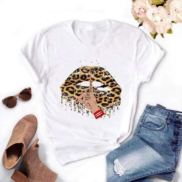 Fashion Women's Casual Sequins Red Lip Short Sleeve T-Shirts