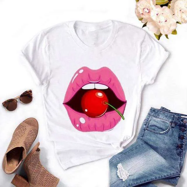 Fashion Women's Casual Sequins Red Lip Short Sleeve T-Shirts