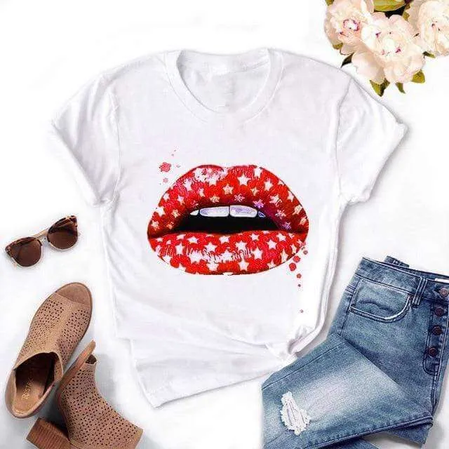 Fashion Women's Casual Sequins Red Lip Short Sleeve T-Shirts