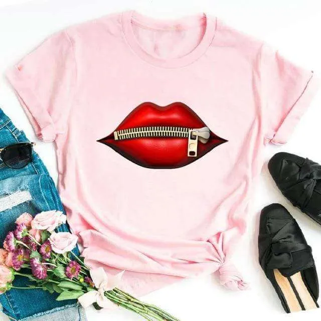 Fashion Women's Casual Sequins Red Lip Short Sleeve T-Shirts