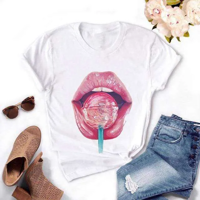 Fashion Women's Casual Sequins Red Lip Short Sleeve T-Shirts