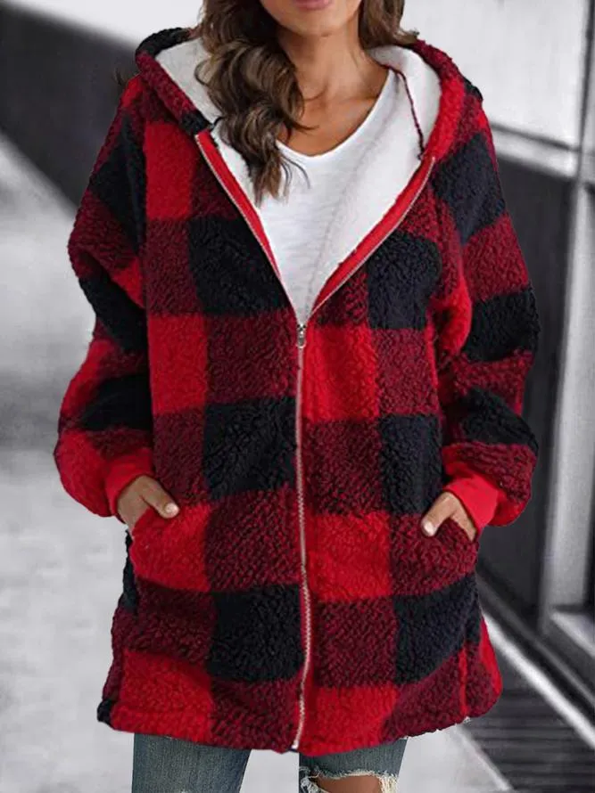 Hoodie Plaid Loose Overcoat