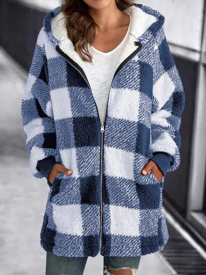 Hoodie Plaid Loose Overcoat