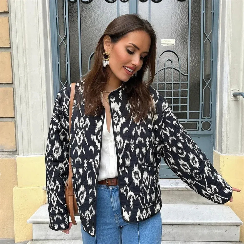 Ikat Printed Quilted Jacket Coat