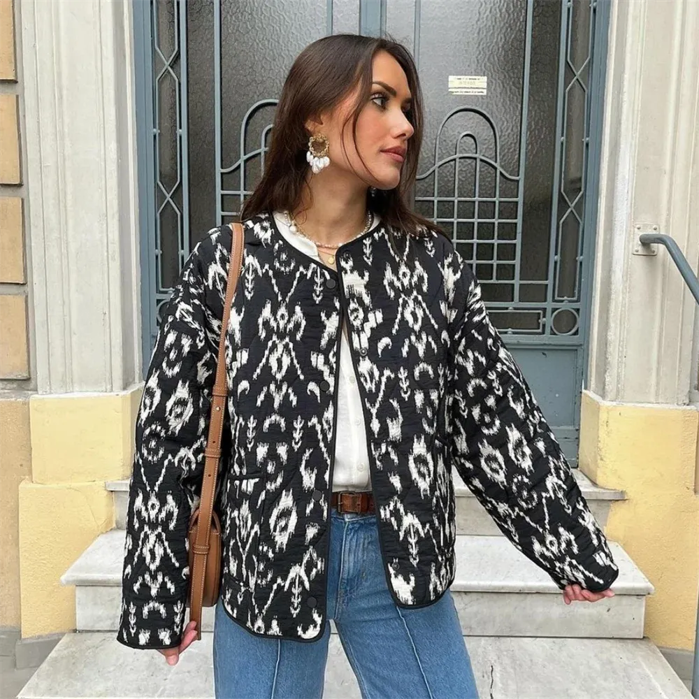 Ikat Printed Quilted Jacket Coat