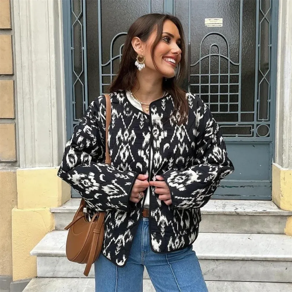 Ikat Printed Quilted Jacket Coat