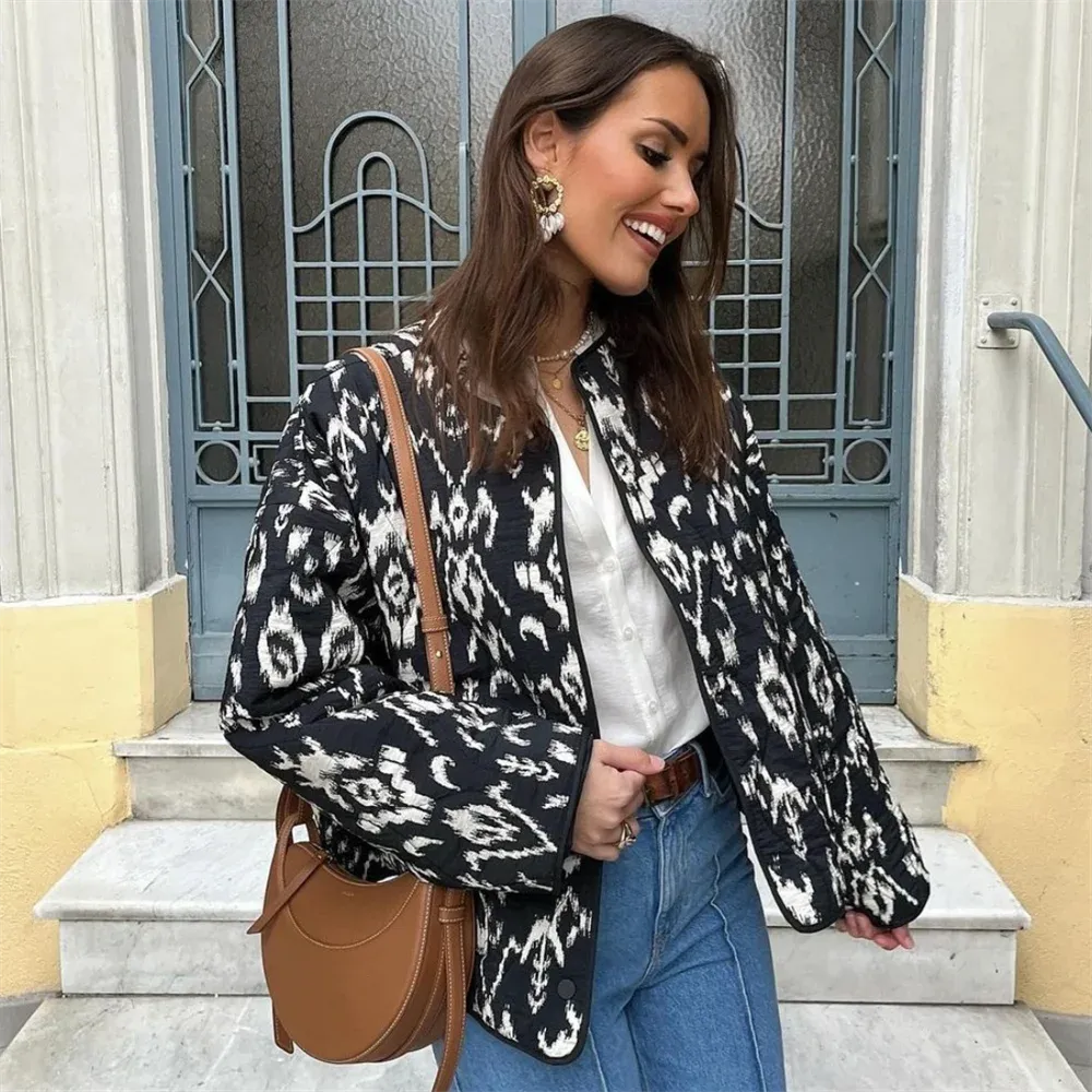 Ikat Printed Quilted Jacket Coat