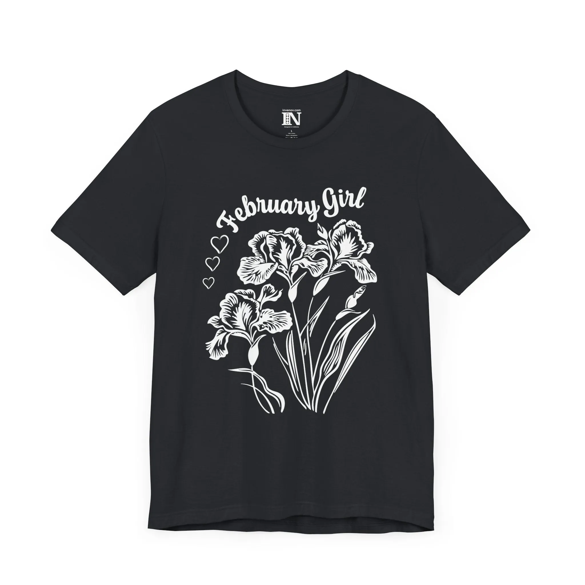 Iris Flower February Girl T-Shirt, Birth Flower Tee, Retro Style Floral Shirt, Monochrome Graphic Top, Classic Beauty February Birthday