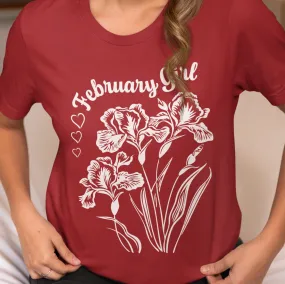 Iris Flower February Girl T-Shirt, Birth Flower Tee, Retro Style Floral Shirt, Monochrome Graphic Top, Classic Beauty February Birthday
