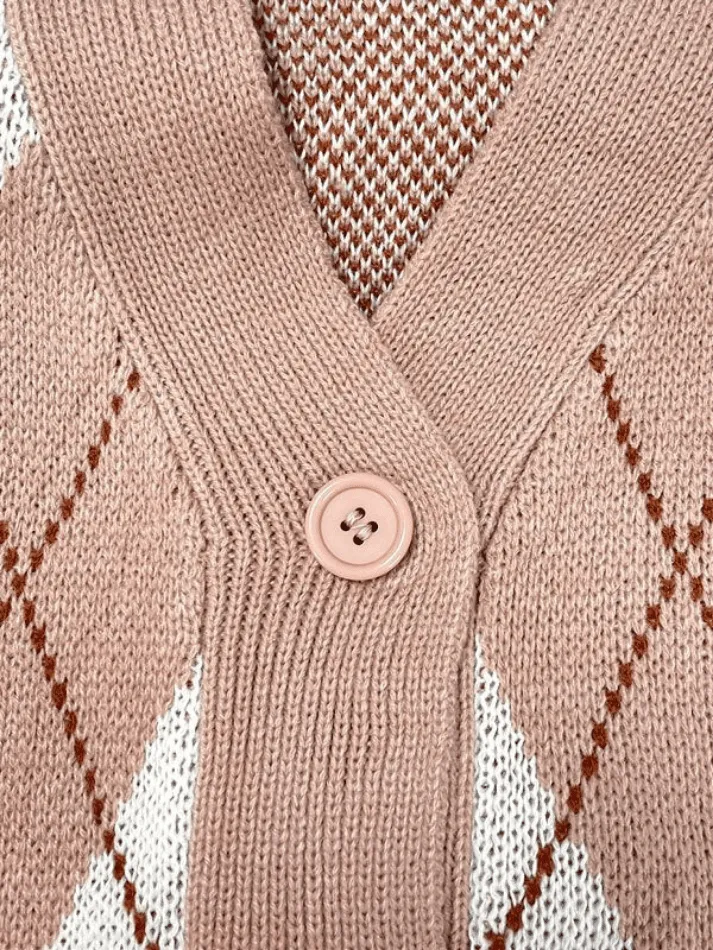 Joskaa V Neck Argyle Pattern Knit Cardigan