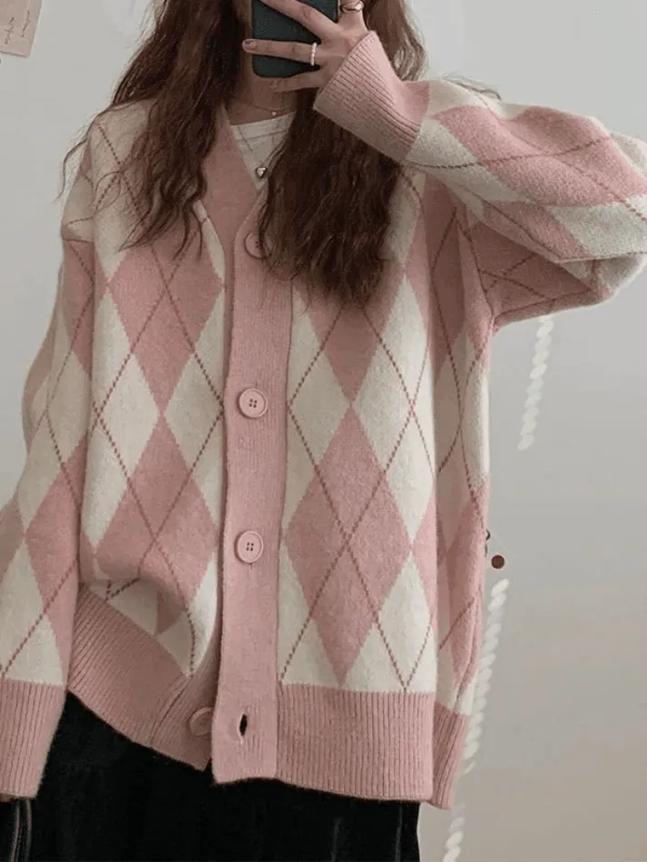 Joskaa V Neck Argyle Pattern Knit Cardigan