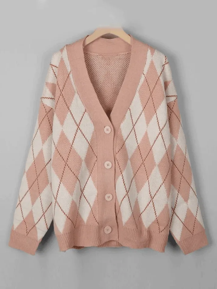 Joskaa V Neck Argyle Pattern Knit Cardigan
