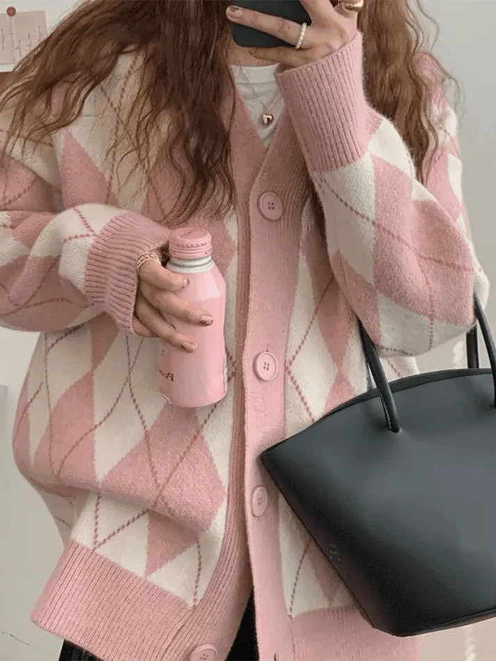Joskaa V Neck Argyle Pattern Knit Cardigan