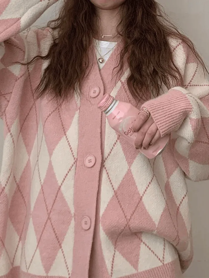 Joskaa V Neck Argyle Pattern Knit Cardigan