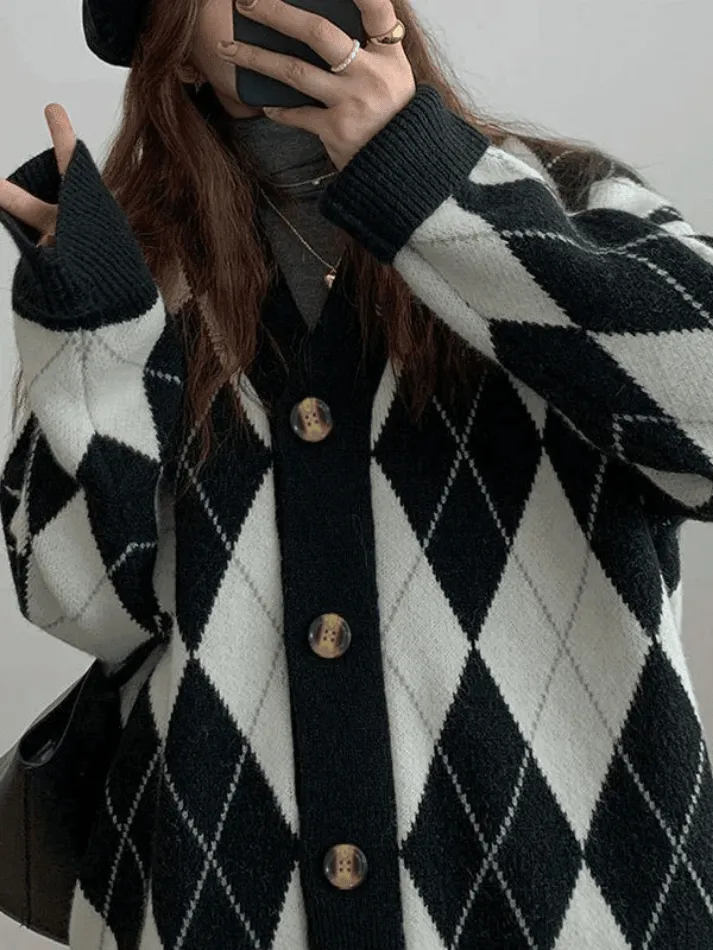 Joskaa V Neck Argyle Pattern Knit Cardigan