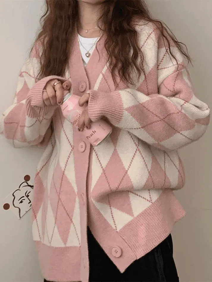 Joskaa V Neck Argyle Pattern Knit Cardigan