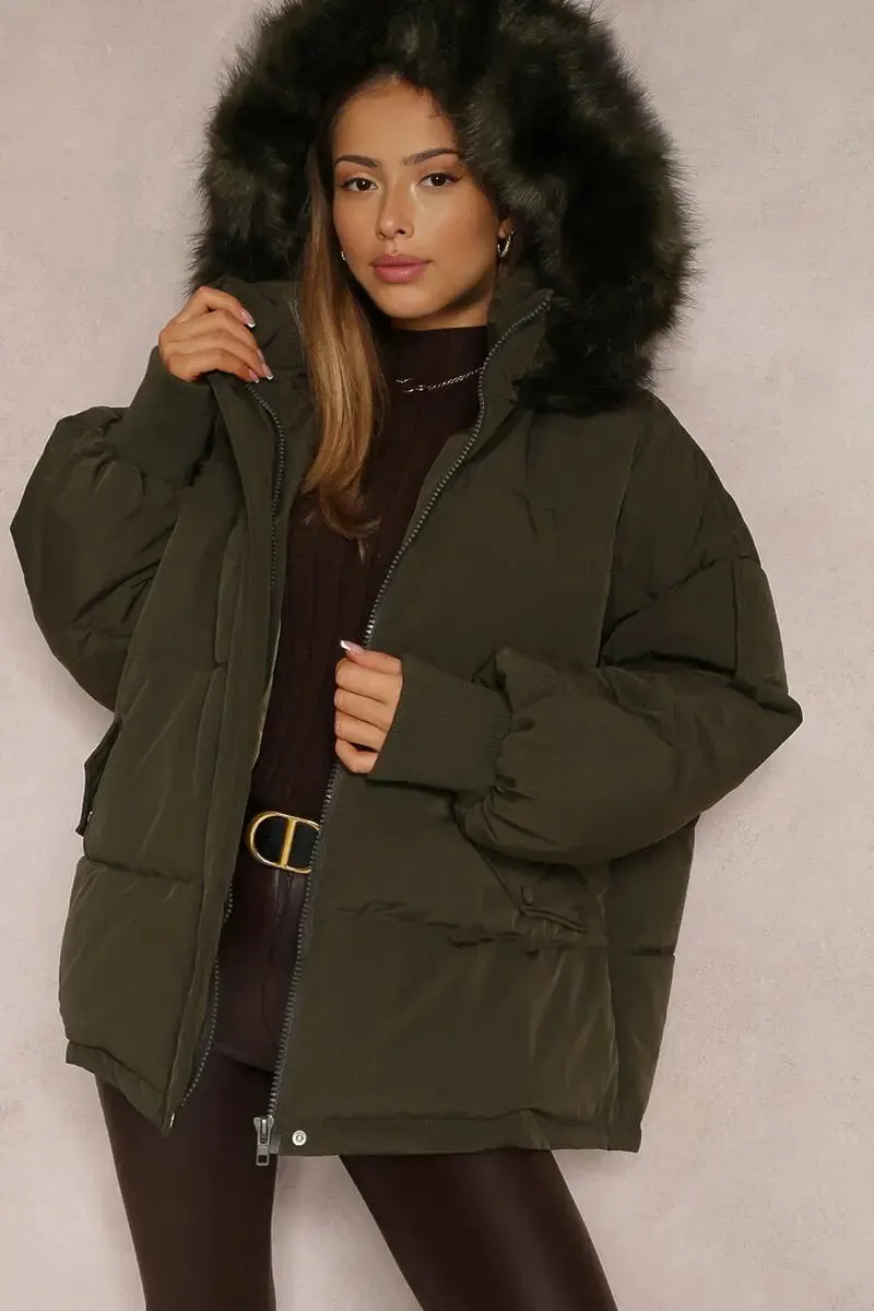 Khaki Versatile Stylish Plush Hooded Zip-Up Thermal Cotton Coat