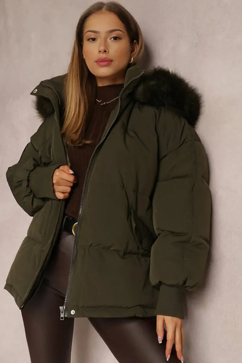 Khaki Versatile Stylish Plush Hooded Zip-Up Thermal Cotton Coat