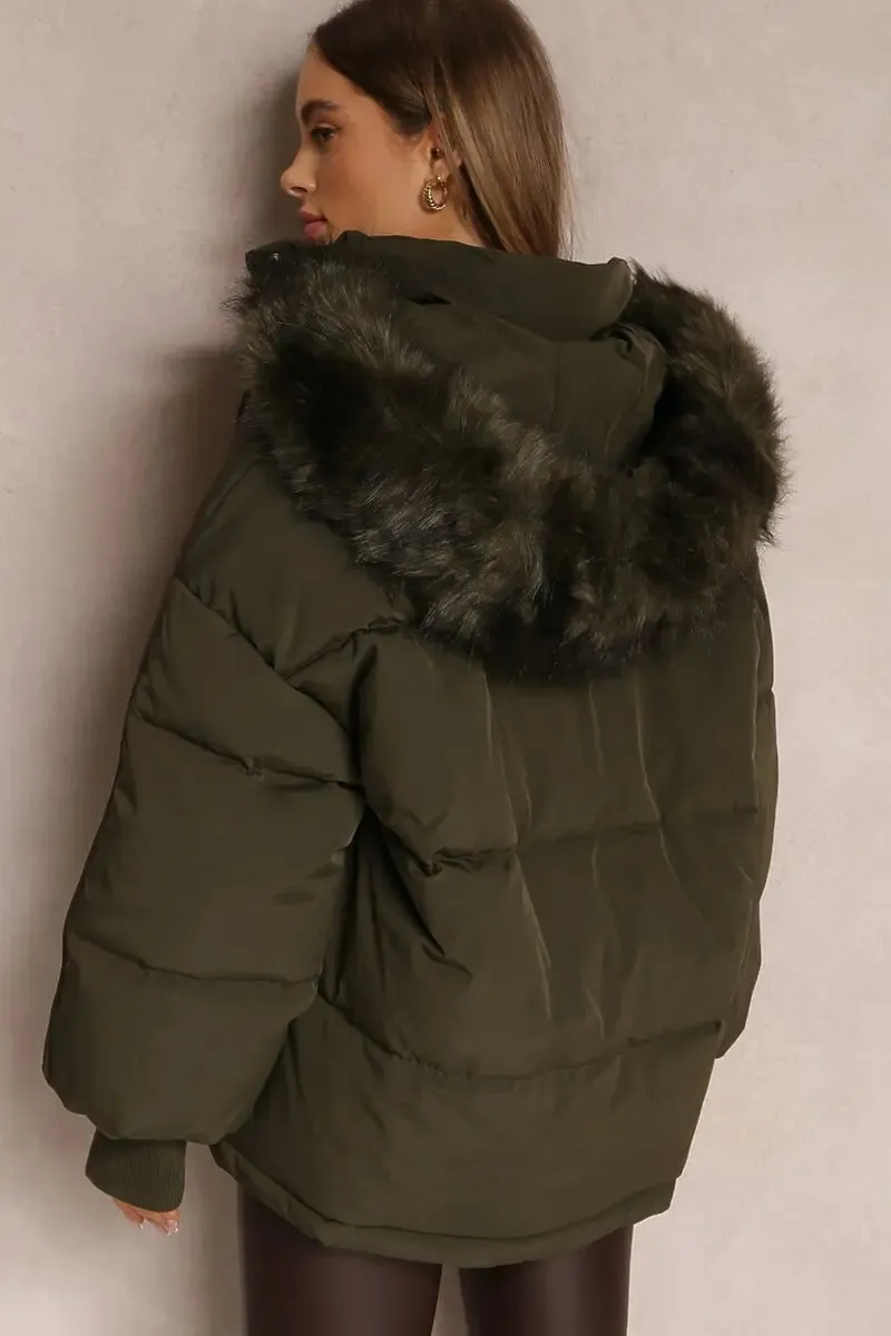 Khaki Versatile Stylish Plush Hooded Zip-Up Thermal Cotton Coat
