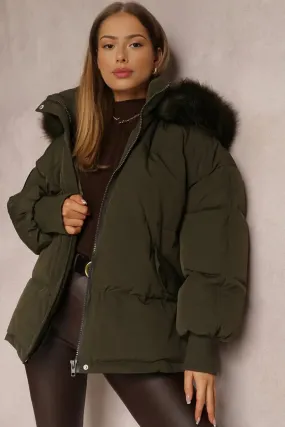 Khaki Versatile Stylish Plush Hooded Zip-Up Thermal Cotton Coat