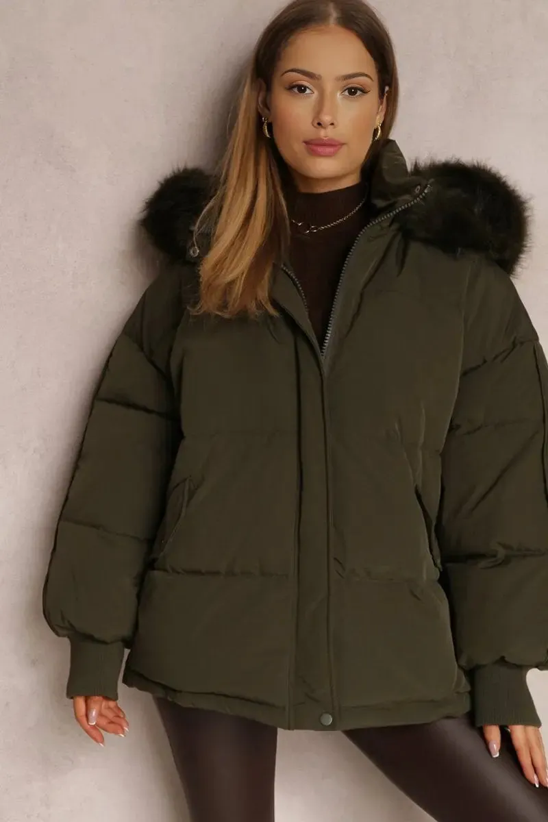 Khaki Versatile Stylish Plush Hooded Zip-Up Thermal Cotton Coat