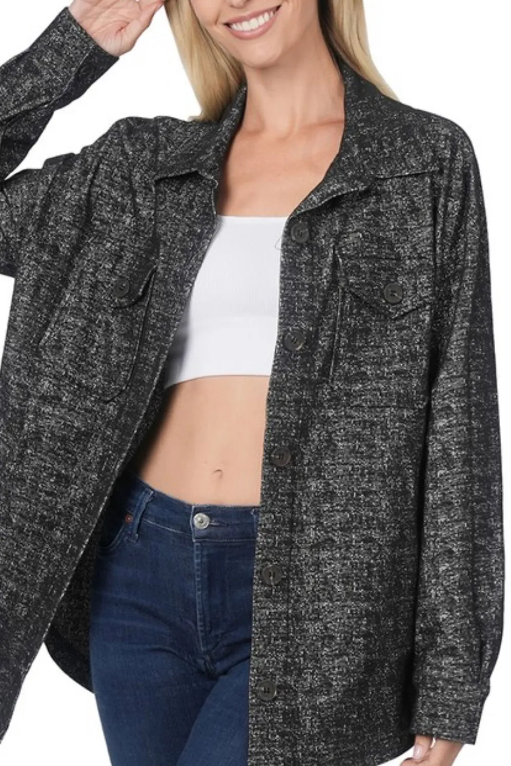 LONG SLEEVE MELANGE BUTTON DOWN SHIRT JACKET