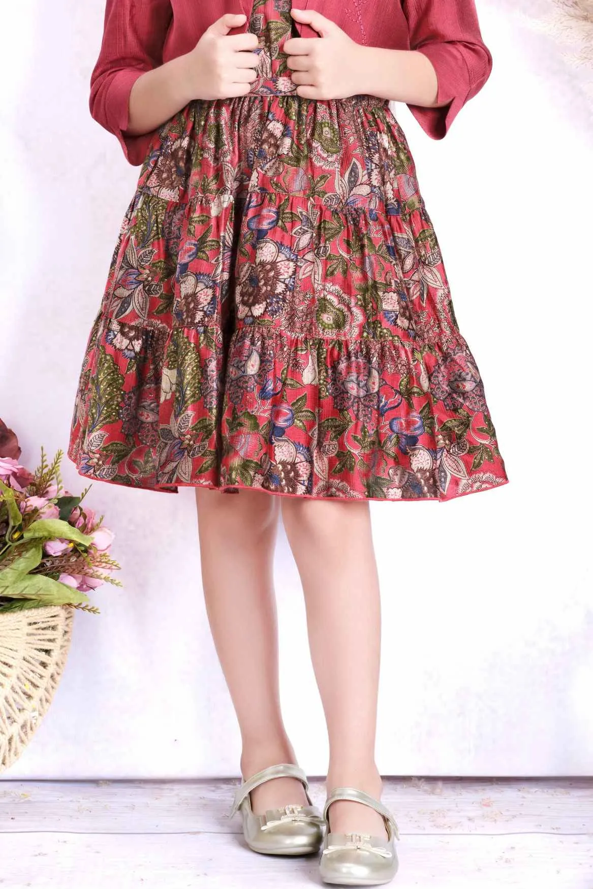 Maroon Floral Printed Frock With Waist Coat For Girls