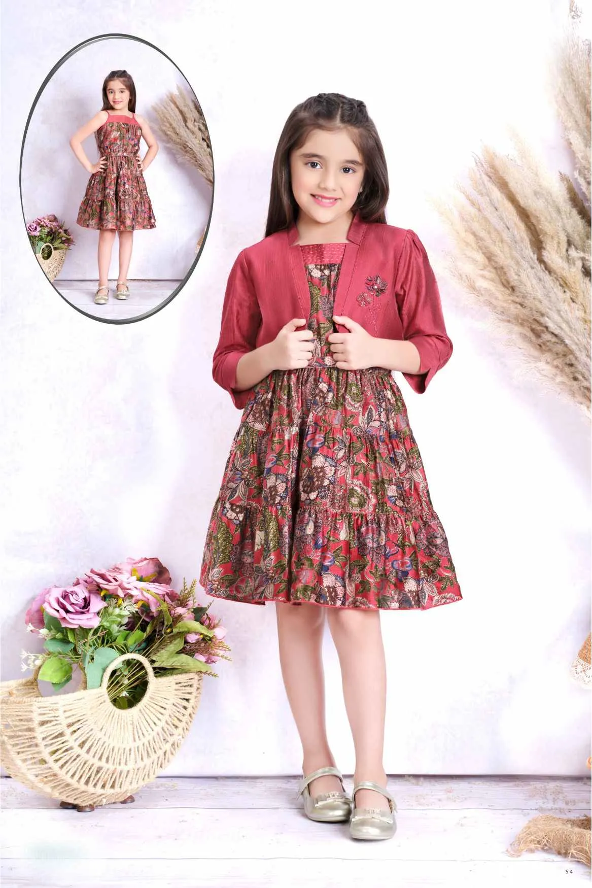 Maroon Floral Printed Frock With Waist Coat For Girls