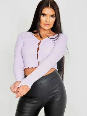 Maya Ribbed Cropped Button Cardigan In Lilac