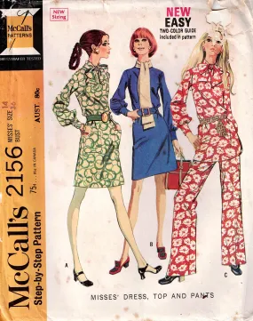 McCall's 2156 Womens Full Sleeved Dress or Top with Wide Cuffs Bias Tied Collar & Pants 1960s Vintage Sewing Pattern Size 14 Bust 36 inches