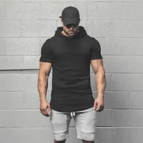 Men Short Sleeve Gym Style Hoodie T-Shirt