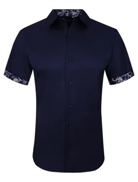Men's navy blue short sleeve shirts stretch material cuff on the sleeves