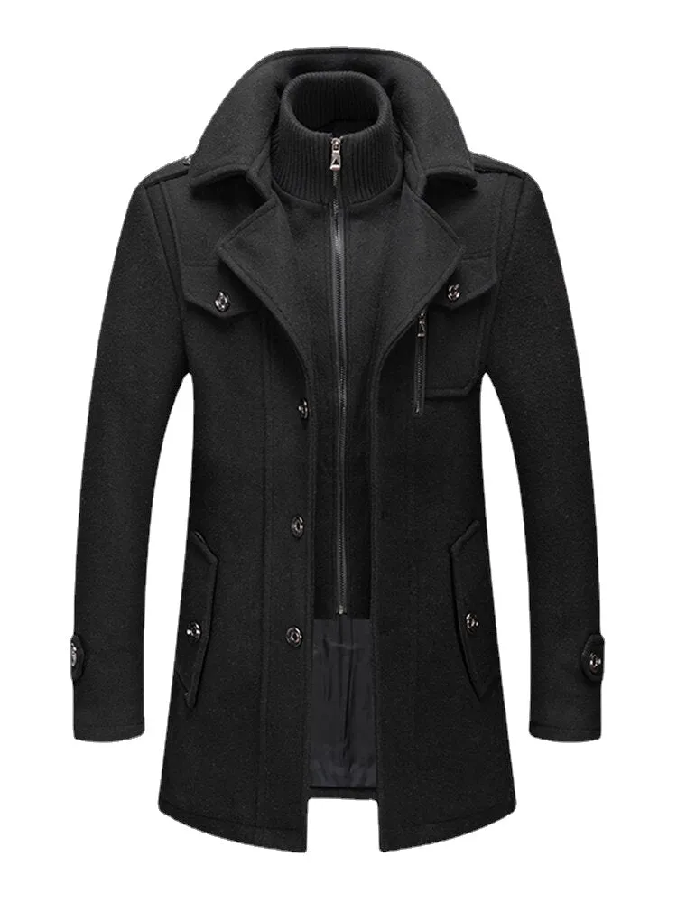 Men's Woolen Double Collar Single-Breasted Casual Warm Overcoat