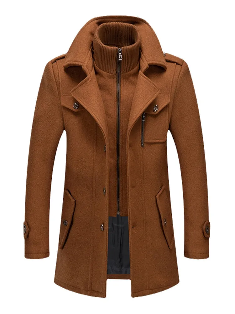 Men's Woolen Double Collar Single-Breasted Casual Warm Overcoat