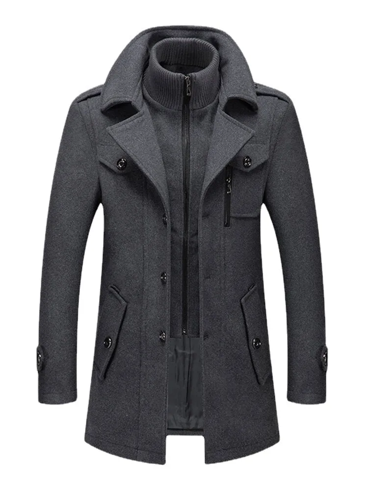 Men's Woolen Double Collar Single-Breasted Casual Warm Overcoat