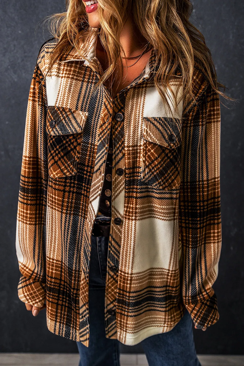 Multicolour Plaid Print Flap Pocket Button Up Shacket