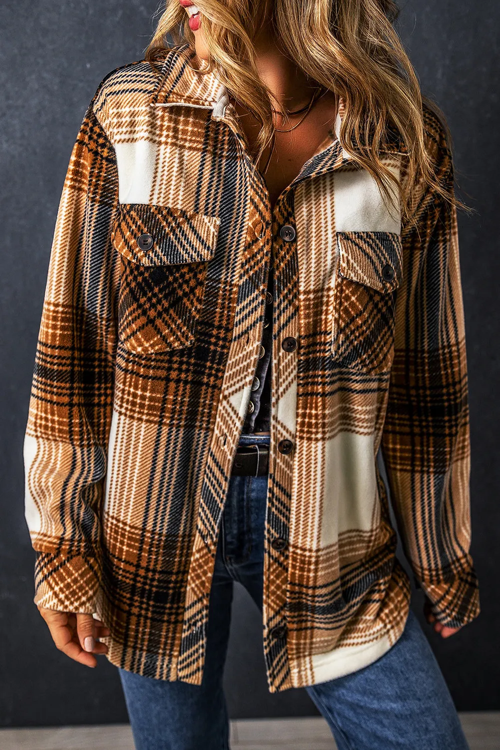 Multicolour Plaid Print Flap Pocket Button Up Shacket