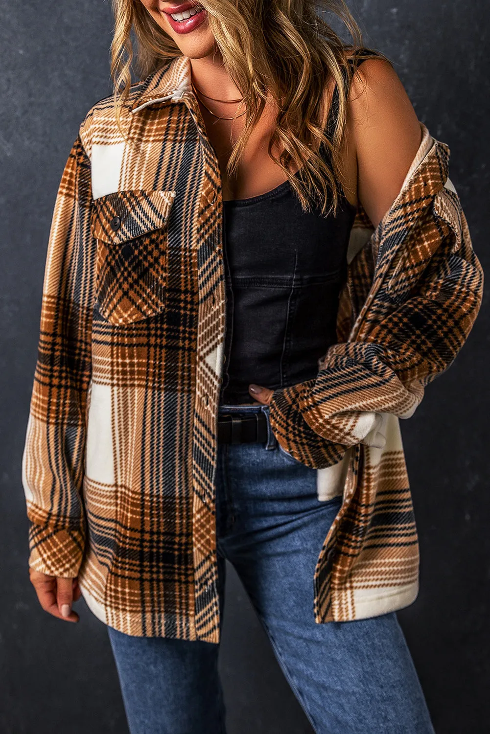 Multicolour Plaid Print Flap Pocket Button Up Shacket