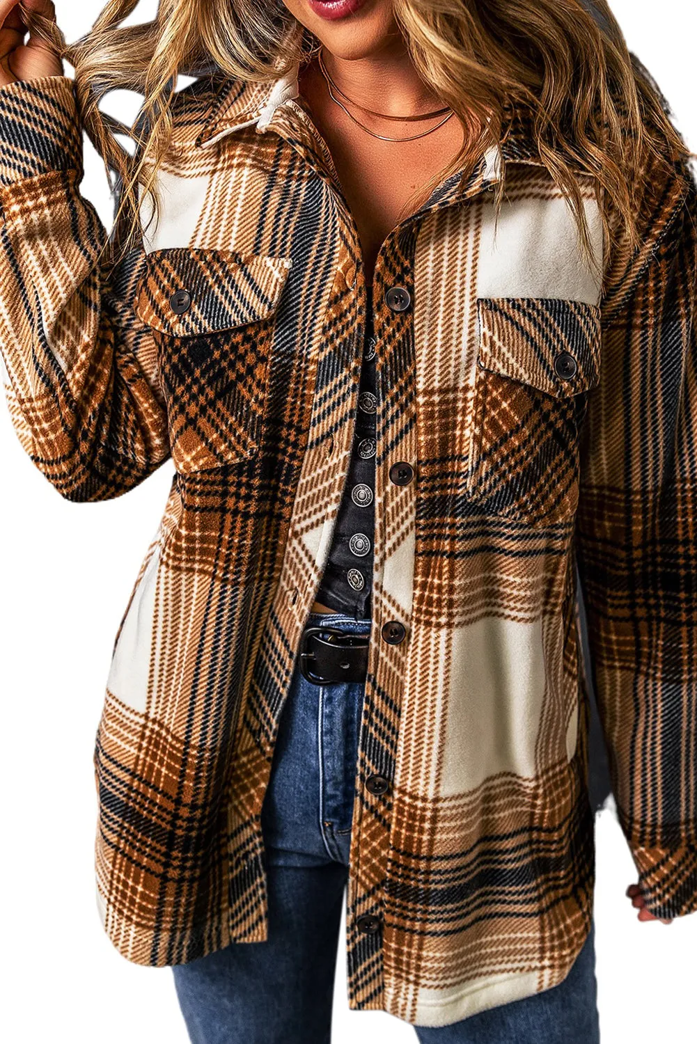 Multicolour Plaid Print Flap Pocket Button Up Shacket