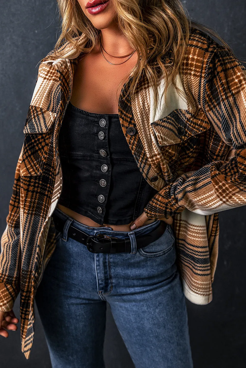 Multicolour Plaid Print Flap Pocket Button Up Shacket