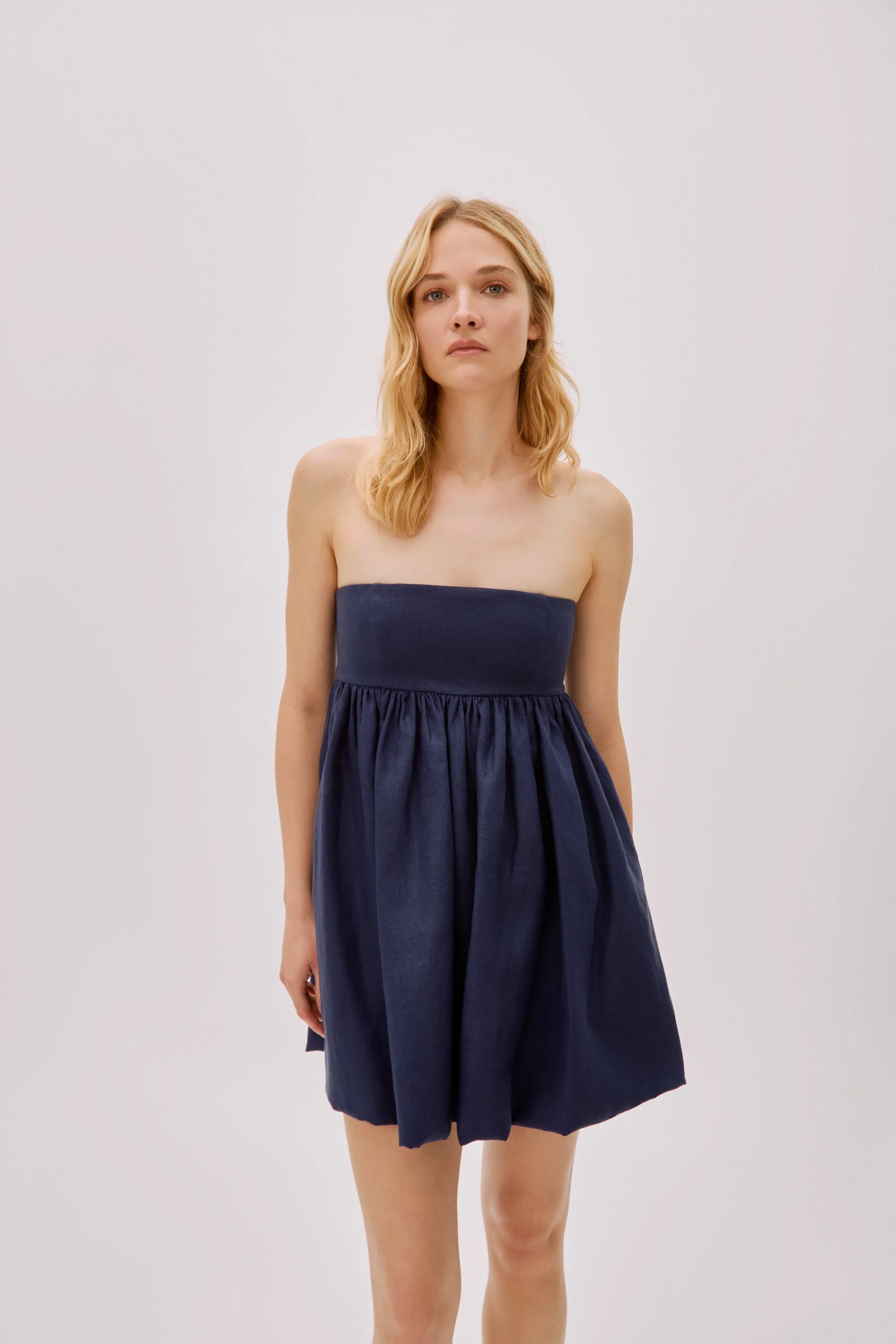 Mykonos Navy Linen Strapless Dress