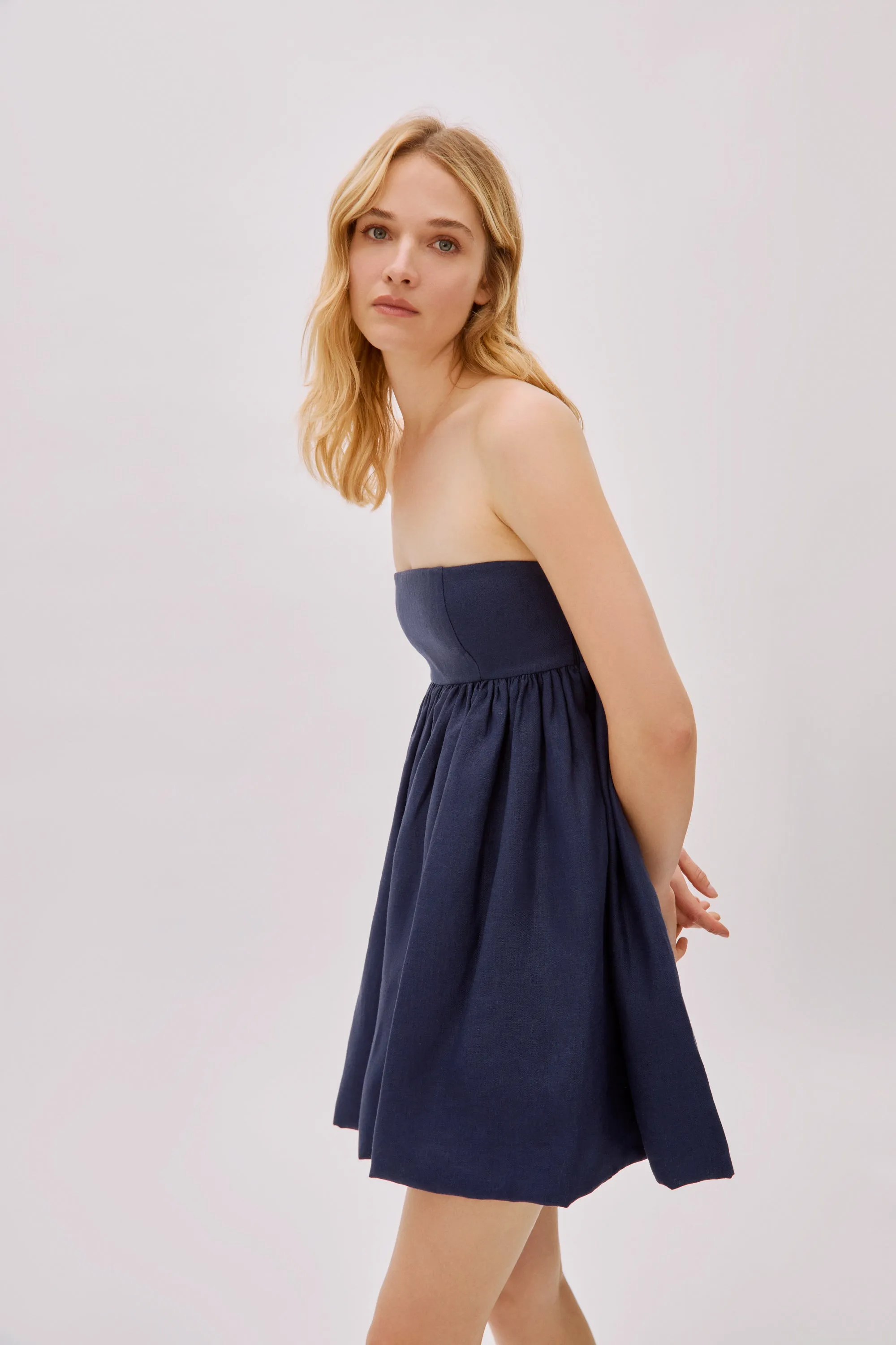 Mykonos Navy Linen Strapless Dress